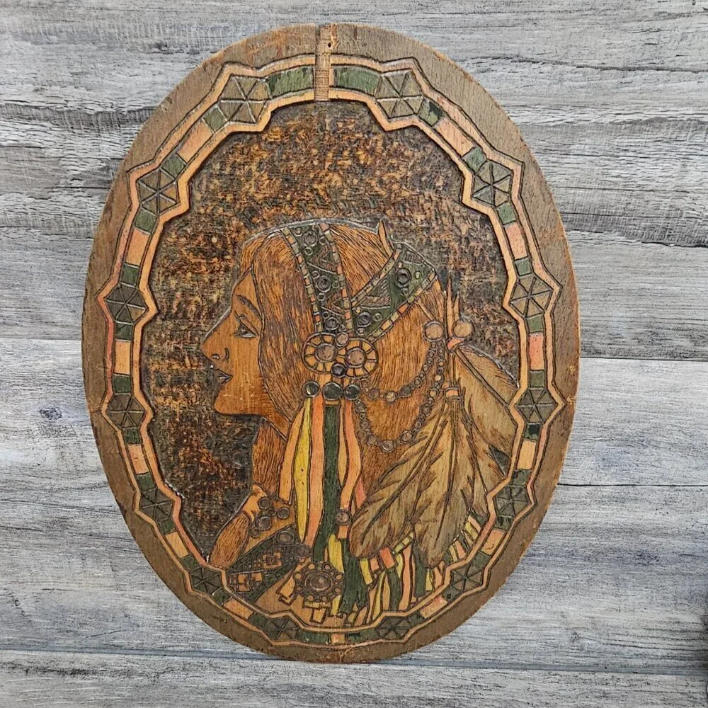 Flemish Wood Carved Mosaic Glass Inlay Native American Oval Photography Art Work